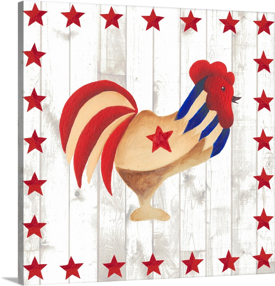 This folk artwork features the side view of a painted chicken over a white vertical shiplap that is bordered with red stars.