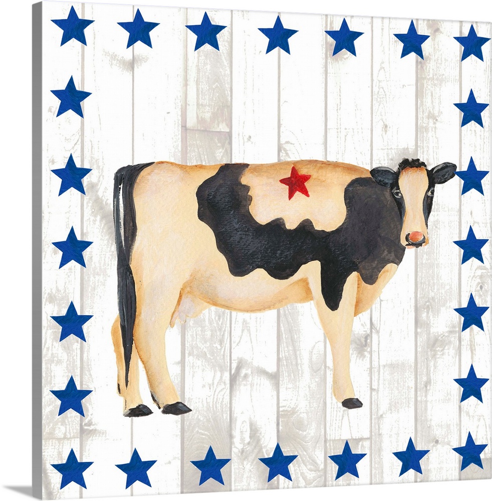 This folk artwork features the side view of a painted cow over a white vertical shiplap that is bordered with blue stars.