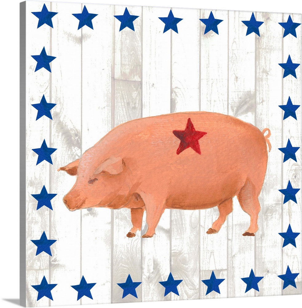 This folk artwork features the side view of a painted pig over a white vertical shiplap that is bordered with blue stars.