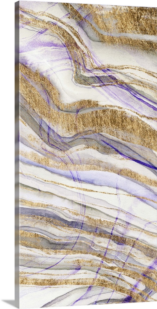 Contemporary abstract artwork of layers of purple and gold, resembling sediments in stone.