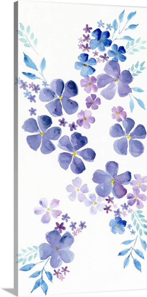 This decorative artwork features a cascade of purple blooms in varying sizes over a white background.