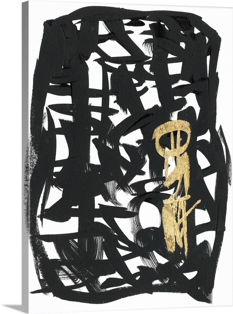 Broad brush strokes in black and gold create letter-like abstract characters surrounded by a border against a white backgr...