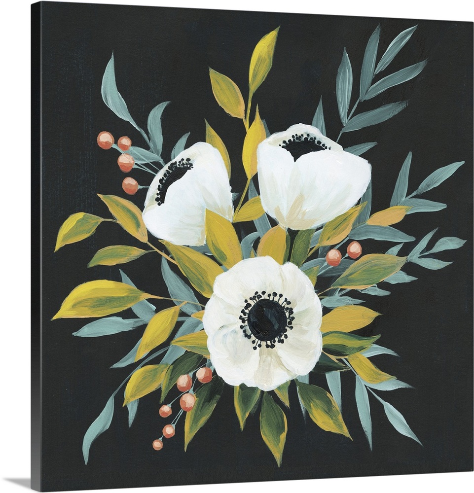 A decorative painting of a group of white flowers with green and blue leaves and red berries on a black background.