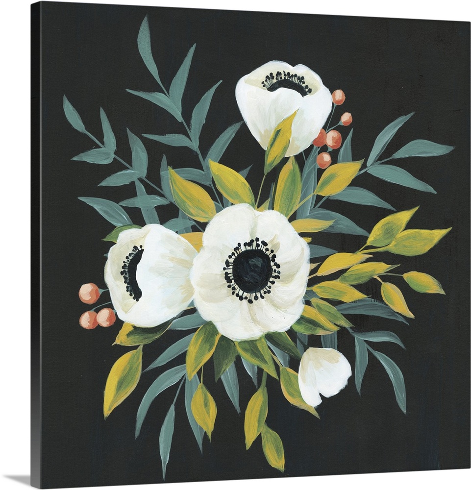 A decorative painting of a group of white flowers with green and blue leaves and red berries on a black background.