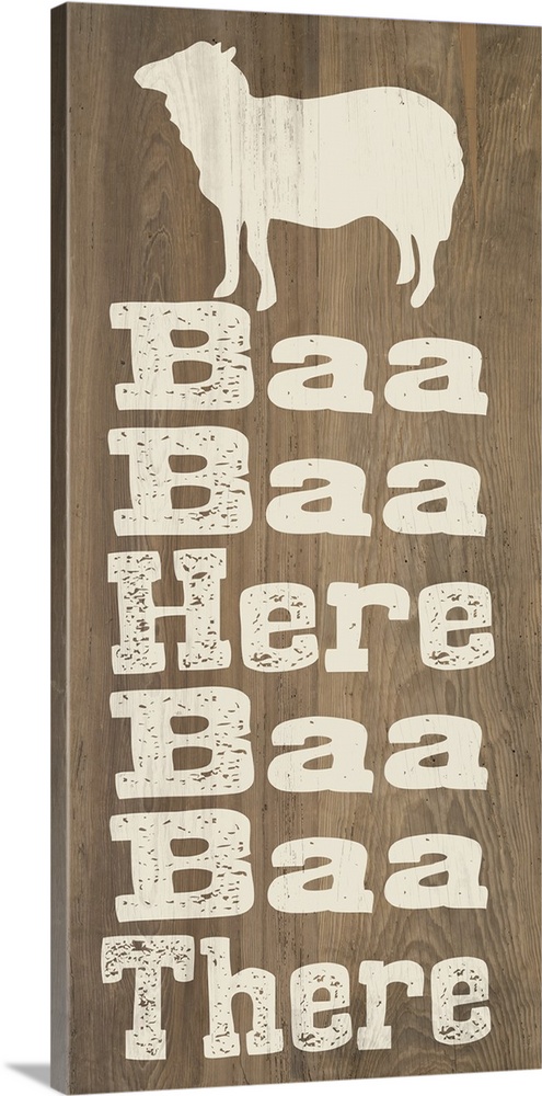 "Baa Baa Here Baa Baa There" written on a wooden background with a sheep silhouette at the top.
