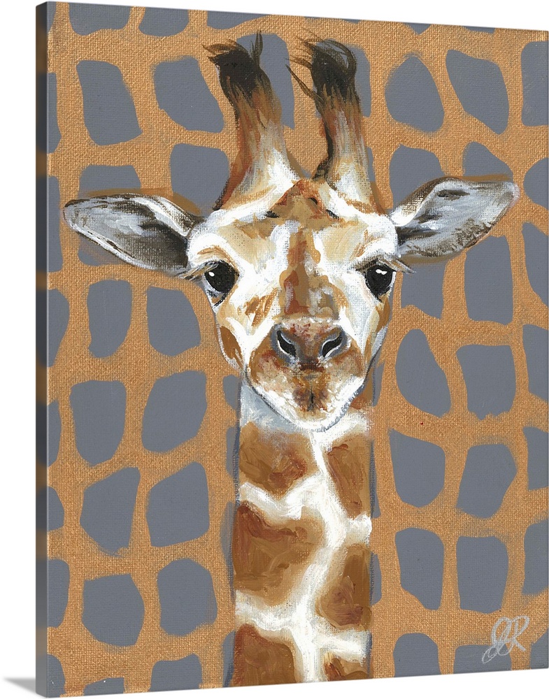 A delightful portrait of a giraffe with a gray and metallic gold giraffe patterned background.