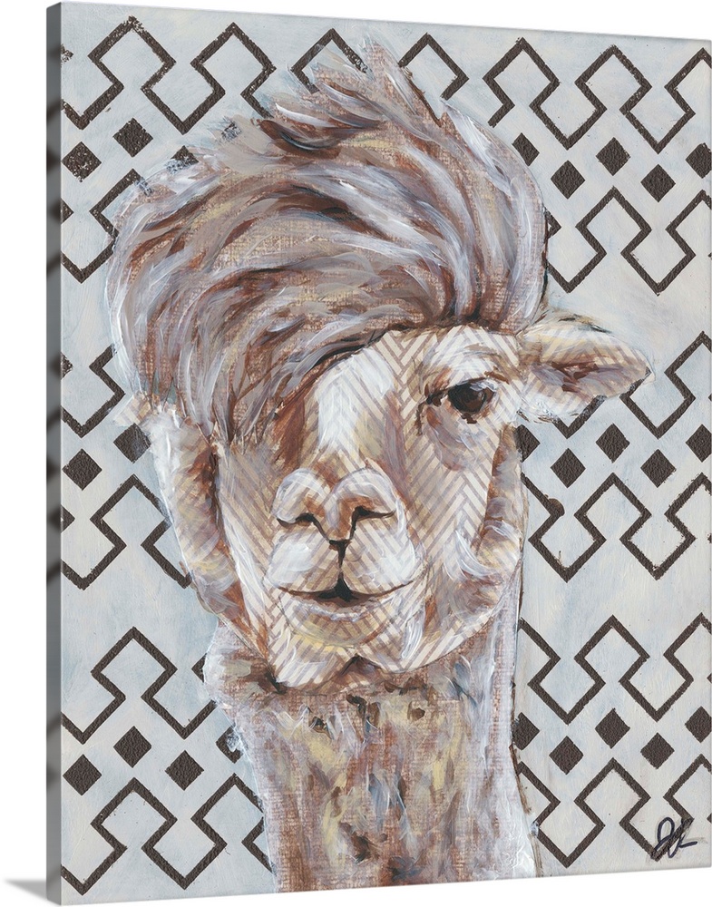 An engaging portrait of a llama with light gray lines on it's face and a gray and metallic gold patterned background.
