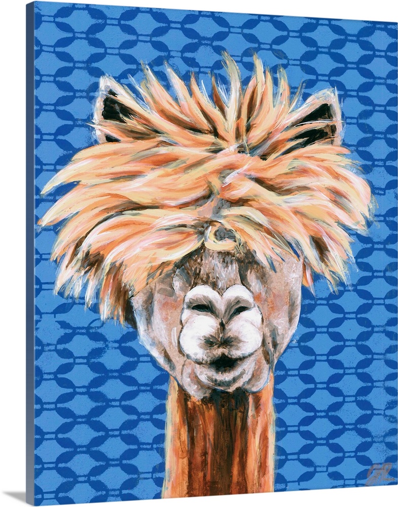 A engaging portrait of a llama with a blue patterned background.