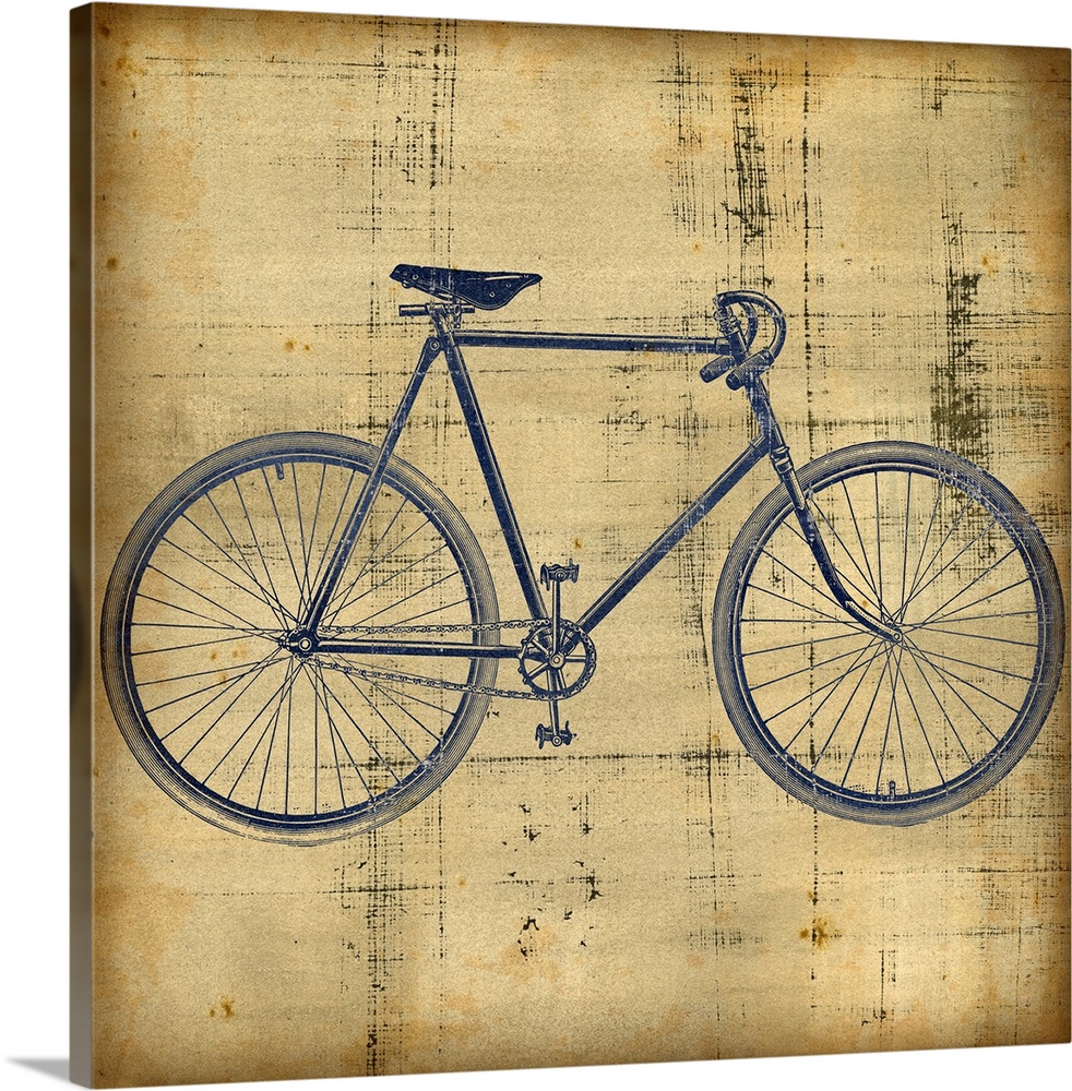 Square canvas painting of a bicycle on top of a grungy textured backdrop.