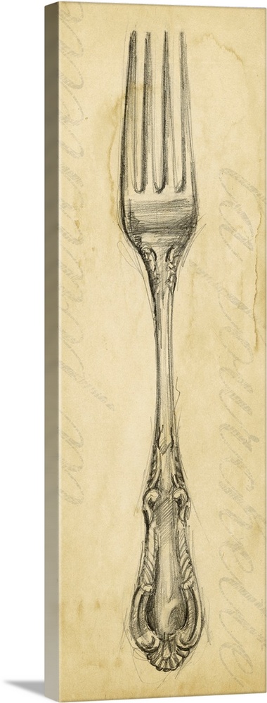 Long and narrow canvas with a drawing of a fork on top of an antiqued backdrop.