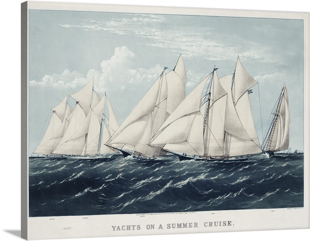 A classic traditional illustration of tall ships sailing on open water, in serene shades of blue and white. Perfect for a ...