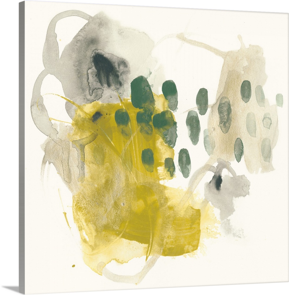 This abstract artwork features bright yellows and muted greens in unsystematic brush strokes to visualize the formula for ...