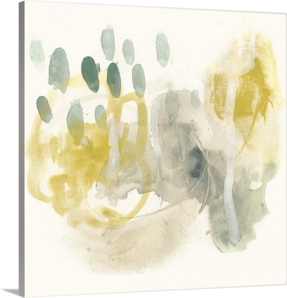 This abstract artwork features bright yellows and muted greens in unsystematic brush strokes to visualize the formula for ...
