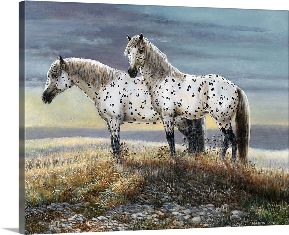 Contemporary painting of two spotted horses standing on a countryside hill.