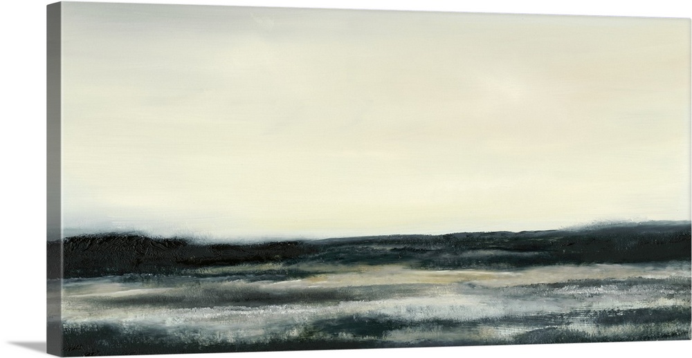 Contemporary seascape painting of dark ocean waters under a pale yellow sky.