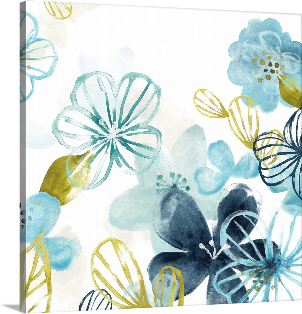 Watercolor painting of delicate blue and gold flowers.