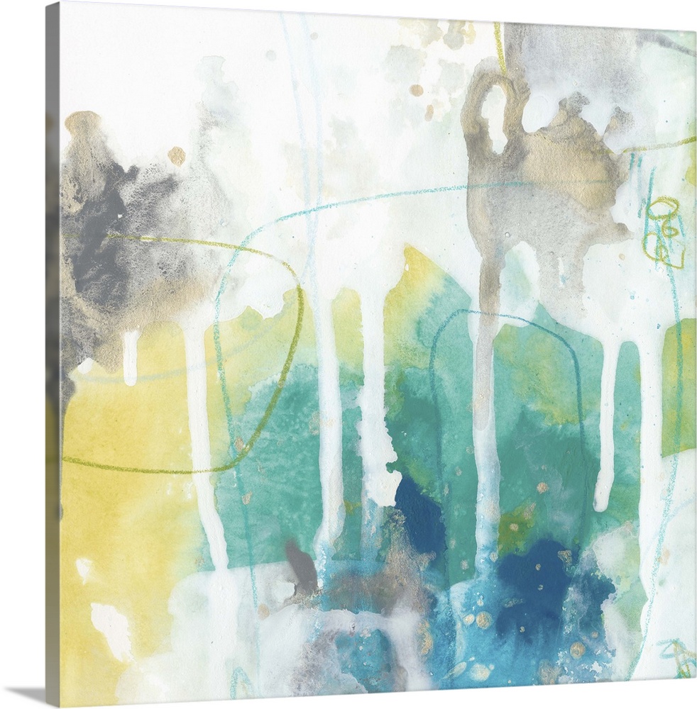 Contemporary abstract painting in blue and yellow with white dripping paint.