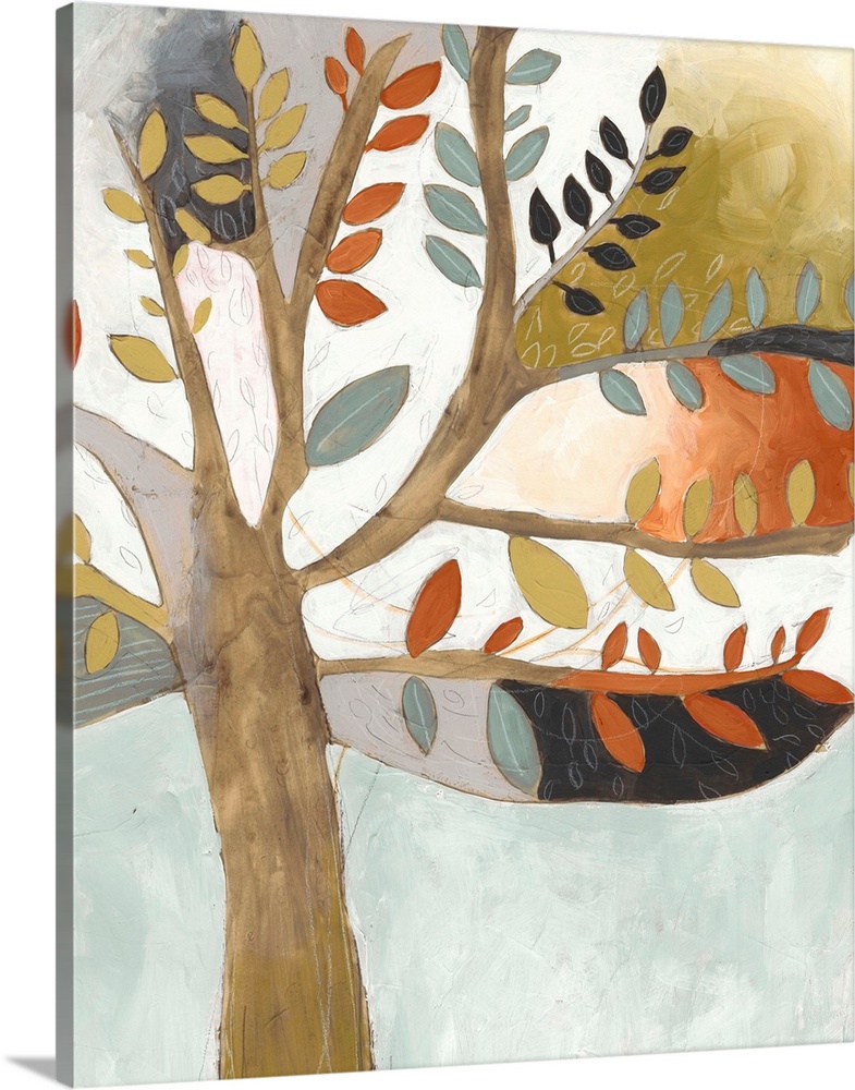 Contemporary painting of a tree using muted browns, oranges and blues.