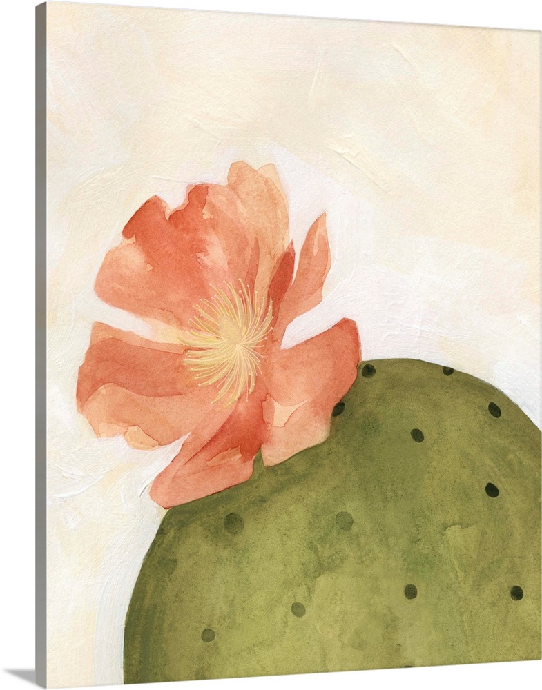 Contemporary painting of a bloom on the top of a cactus on a neutral backdrop.