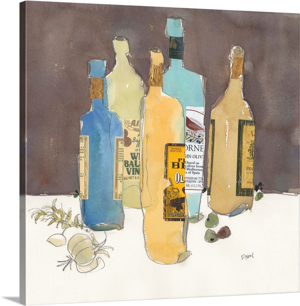 Still life painting of several blue and yellow bottles of olive oil, with garlic and olives.