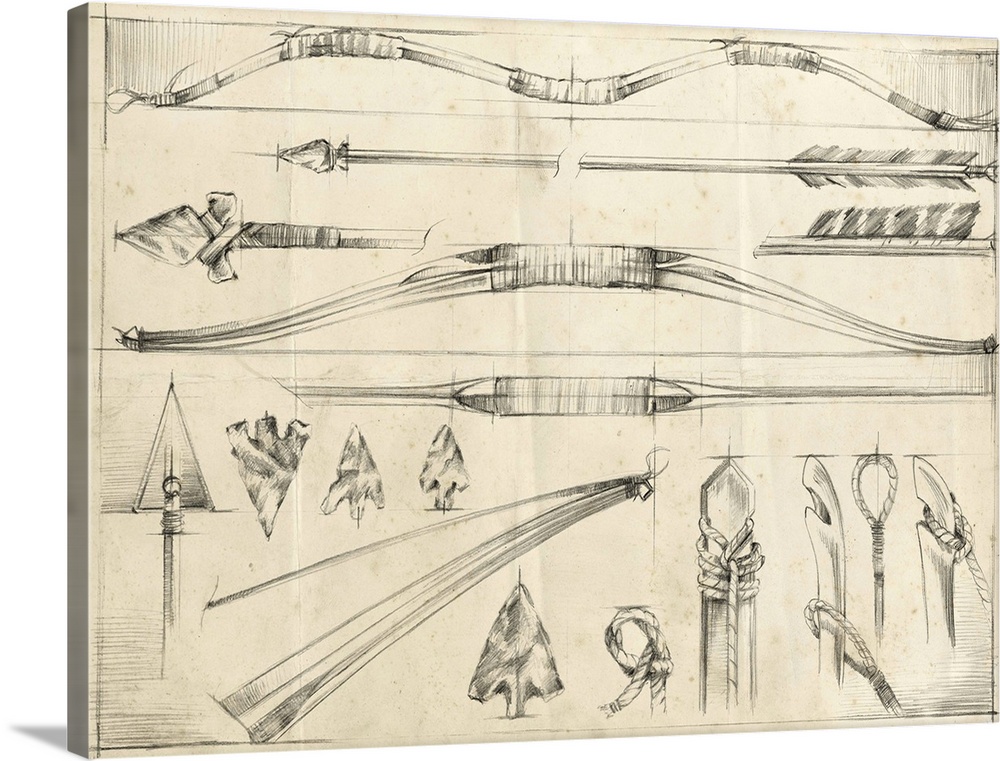 Detailed pencil illustration of several arrows, bows, and arrowheads.