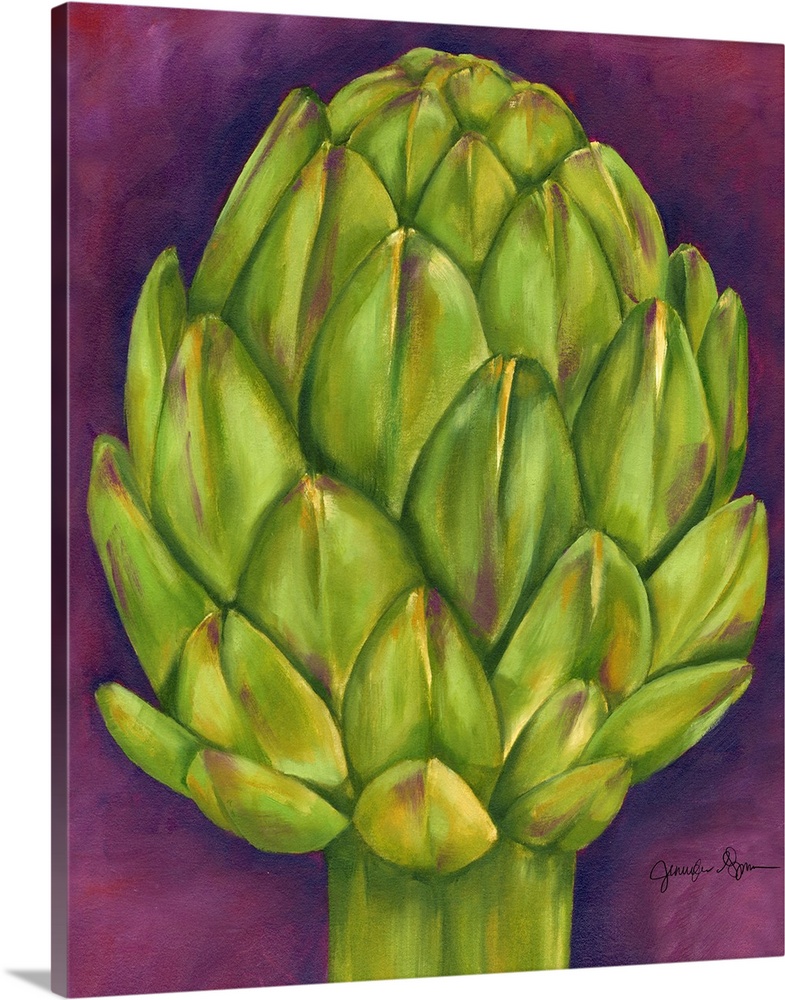 Artwork perfect for the kitchen that is a drawing of an artichoke against a purple background.