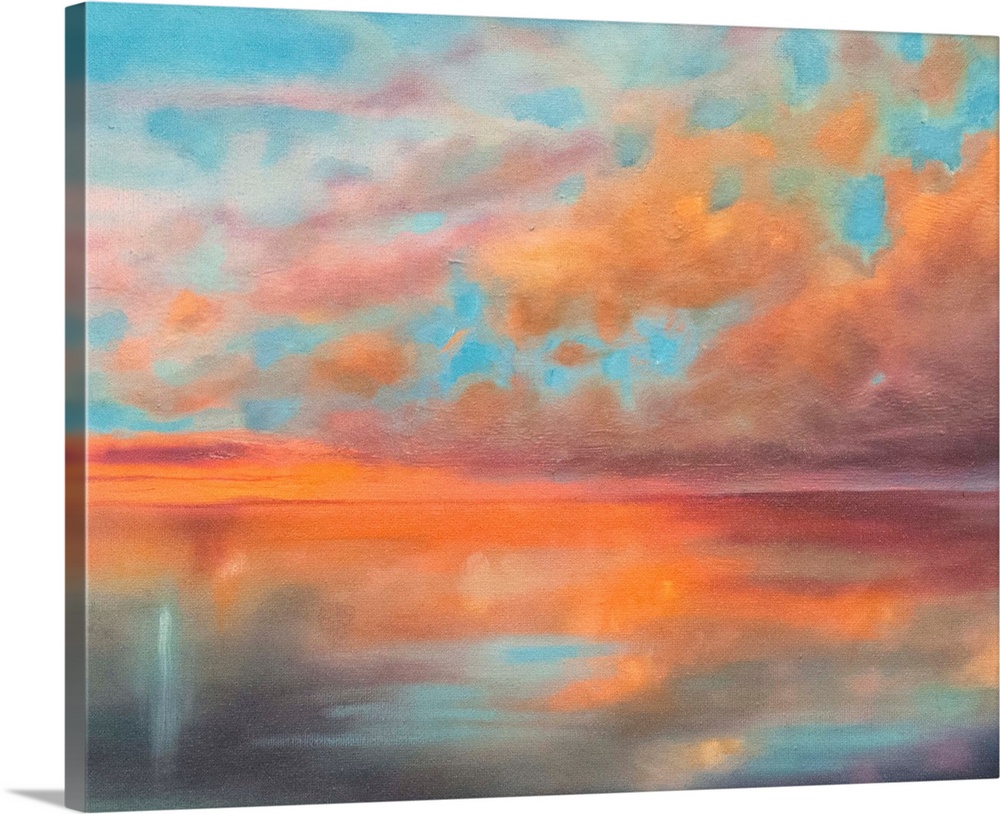 Contemporary artwork of a stunning sunset with orange clouds against a turquoise sky over the ocean.