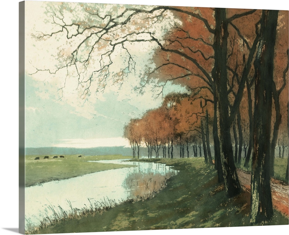 Contemporary artwork of an autumn landscape seen in the foliage of the trees.