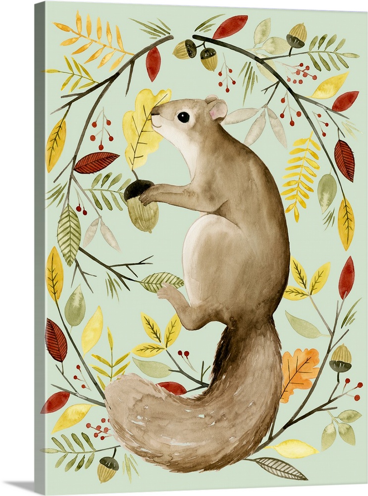 Autumn style painting of a squirrel holding an acorn and surrounded by Fall leaves and branches.
