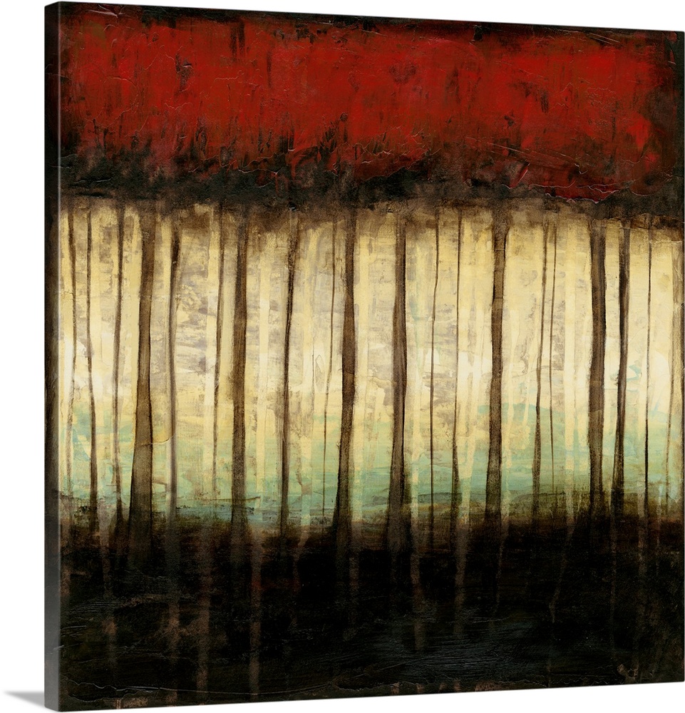 A contemporary abstract painting of a tall slender trees in a forest with red autumn foliage.