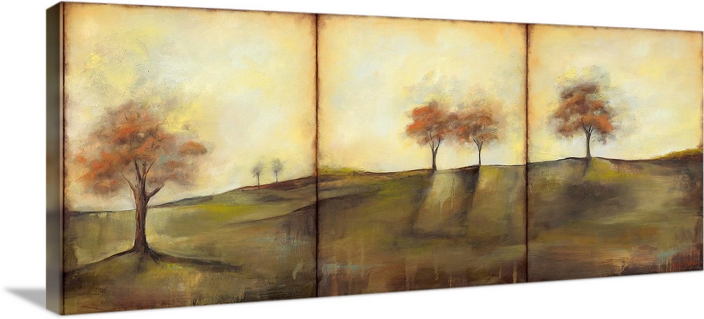 Triptych painting of a countryside meadow in the fall, with small groups of trees.