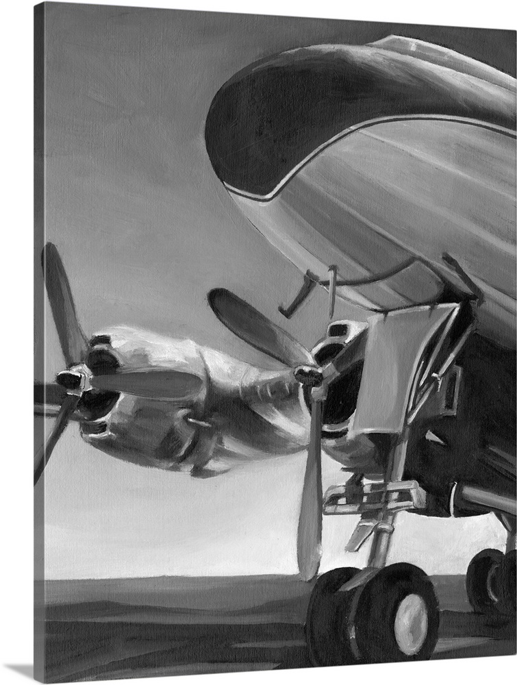 Brush strokes in gray tones create a reflective plane and propeller in this contemporary artwork.