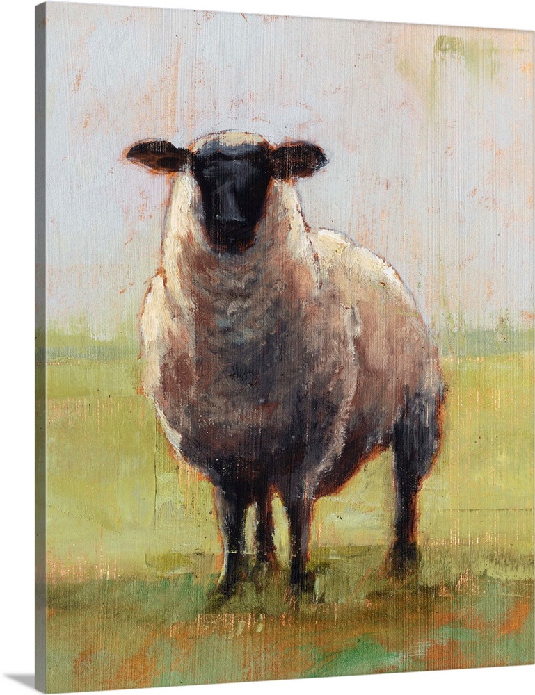 Contemporary rustic painting of a single sheep with an aged look.