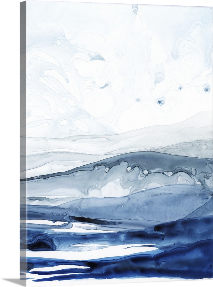 Abstract contemporary painting resembling a deep blue ocean under a pale white sky.