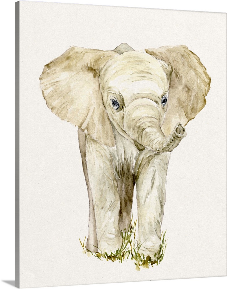 Watercolor art print of a young elephant in sepia tones.