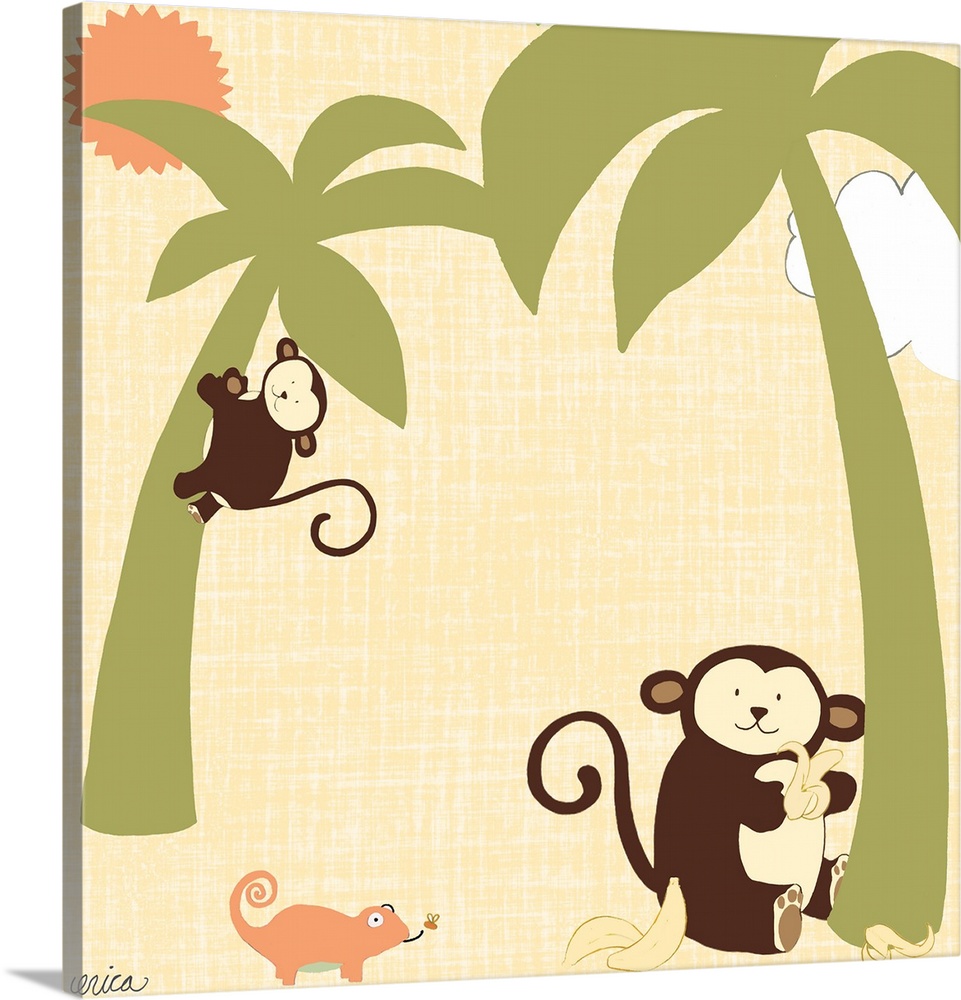 Cute children's room artwork of friendly jungle animals in yellow and green.