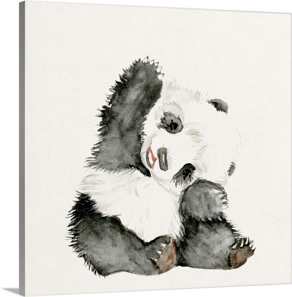Watercolor artwork of a cute baby panda waving.