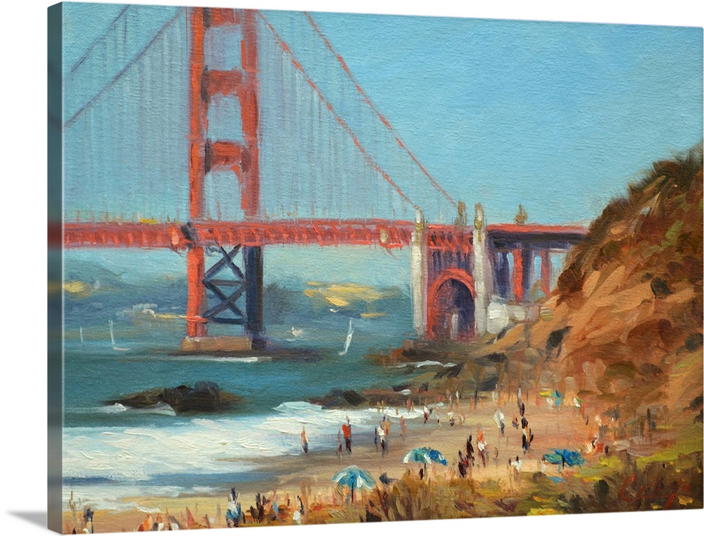 A painting of people sunbathing on Baker's beach in San Francisco California.