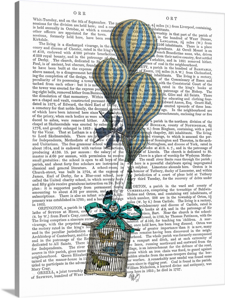 Decorative artwork with an antique bird cage filled with butterflies and attached to striped balloons painted on the page ...
