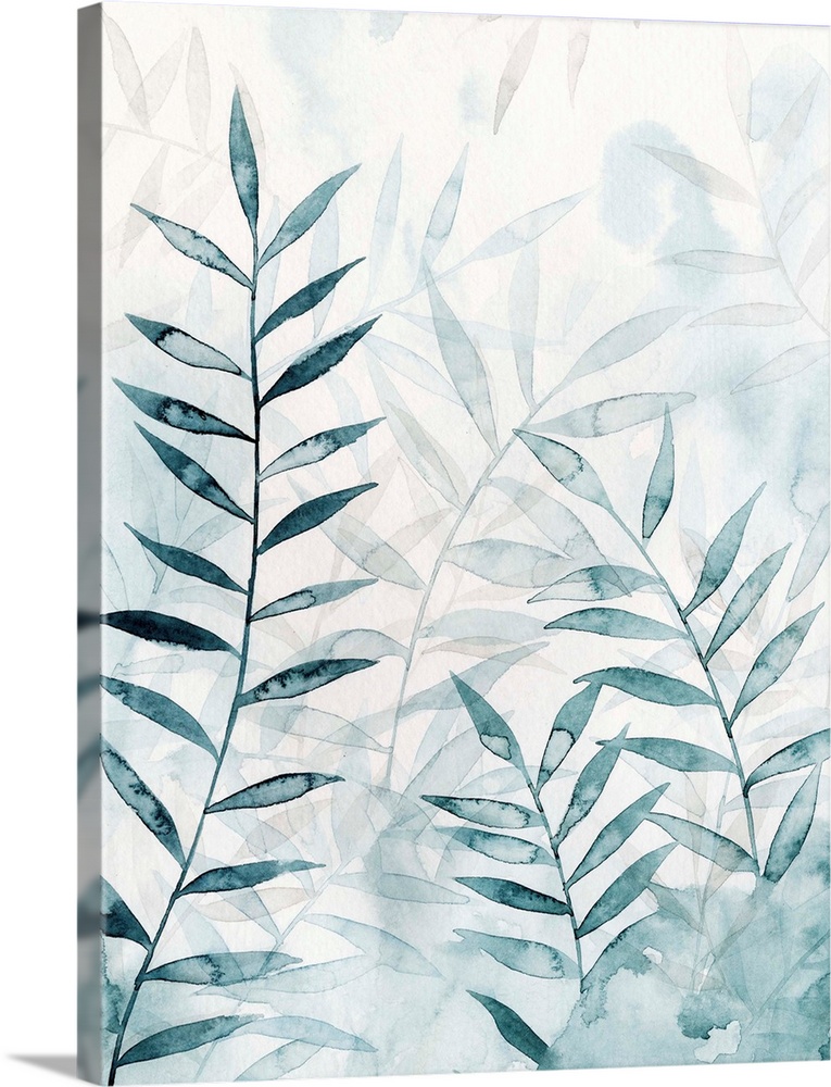 Art print of hazy, translucent bamboo leaves in light teal.