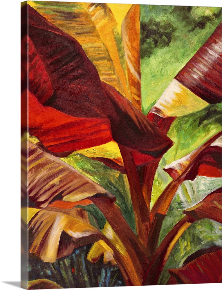 Contemporary painting of a vibrant and colorful tropical leaves.