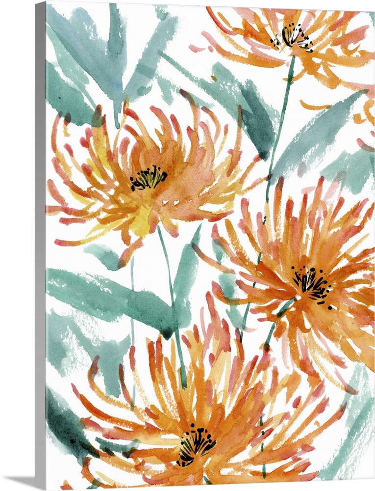 Contemporary watercolor painting of orange, red, and yellow flowers with blue-green leaves on a white background.