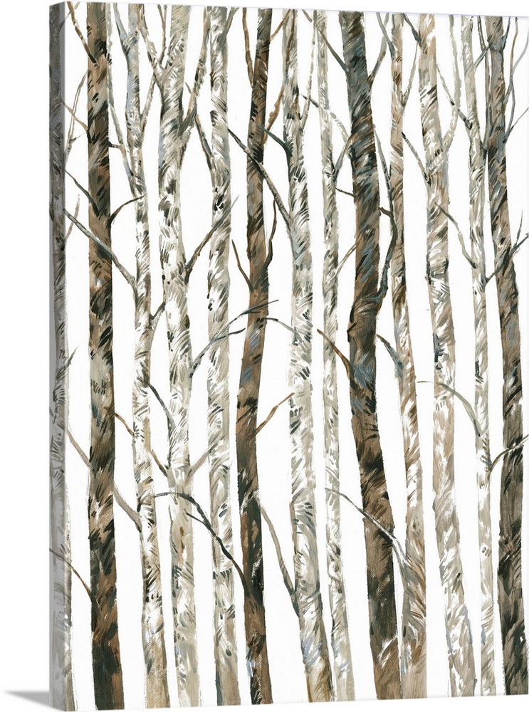 Contemporary monotone painting of a forest of thin trees in the winter, contrasting with the light sky.