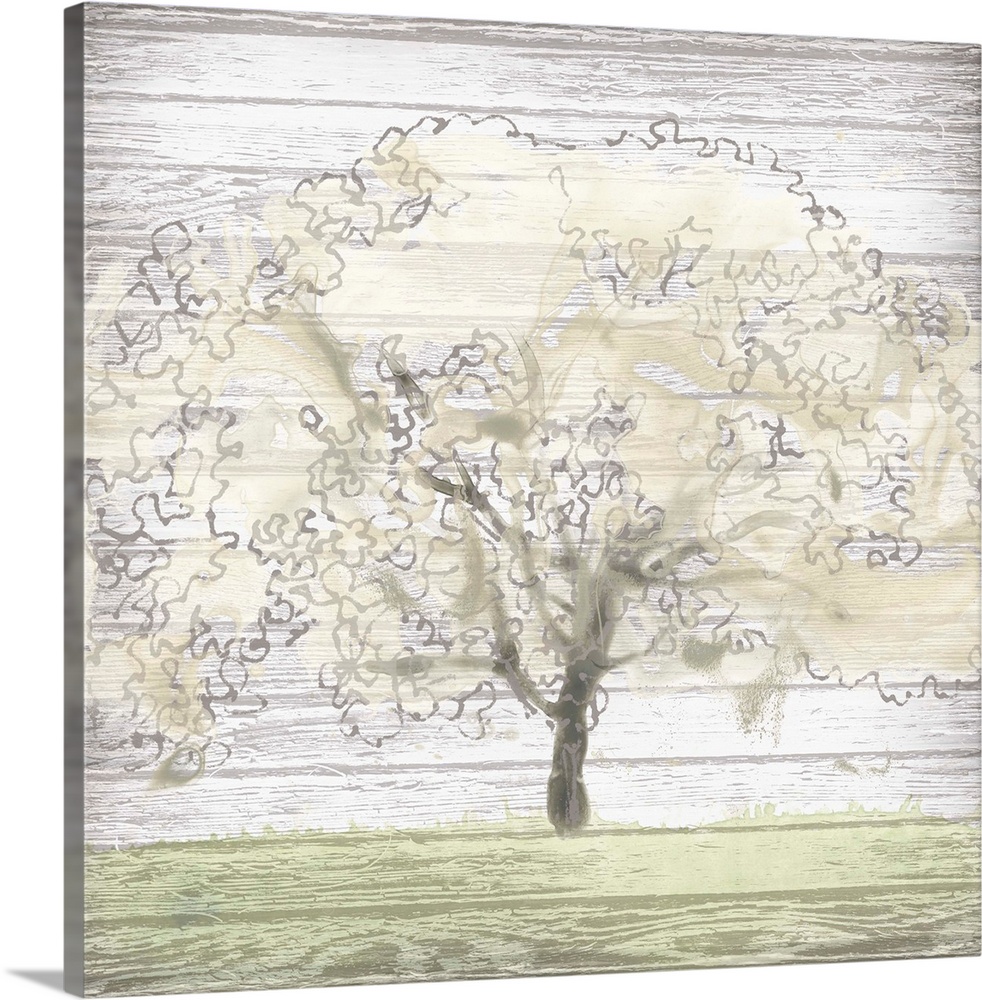 Creative artwork of a faded tree and grass on a weathered white wood plank background.