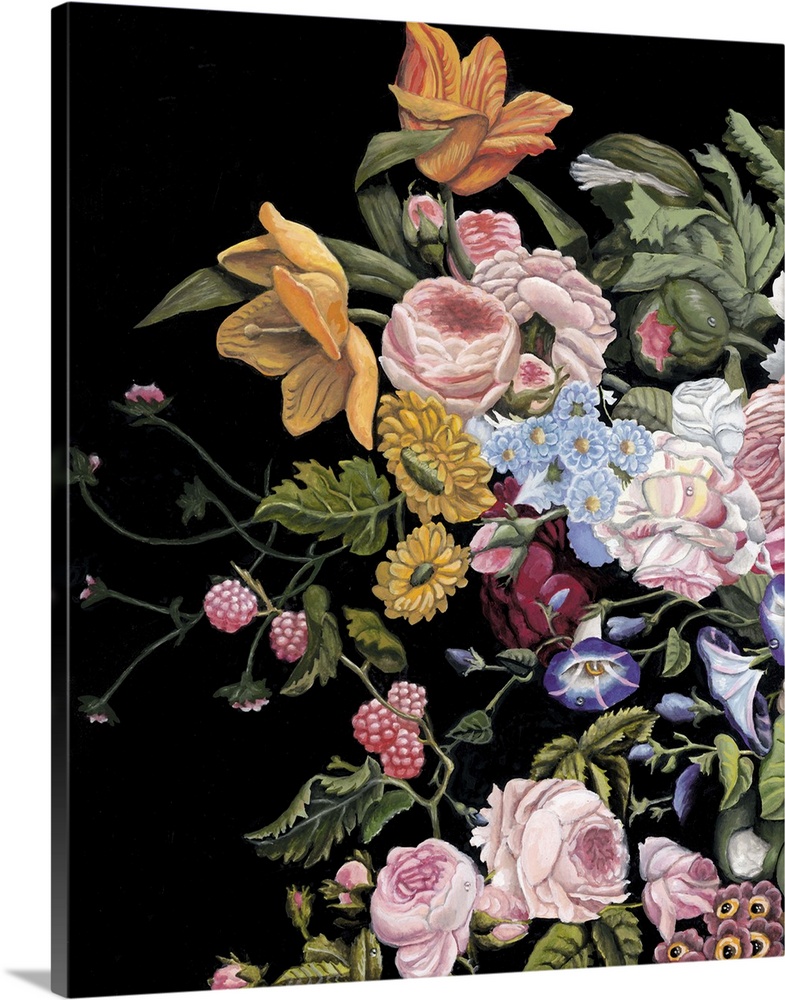 Vintage style art print of a stunning bouquet of flowers of various types on black.