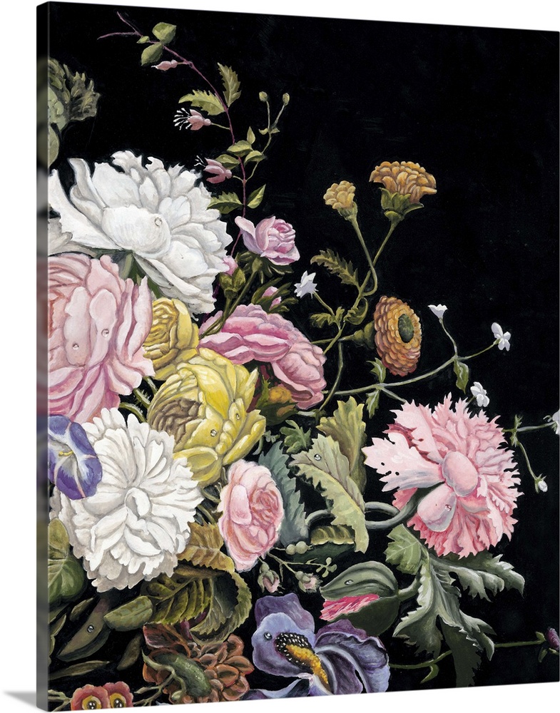 Vintage style art print of a stunning bouquet of flowers of various types on black.
