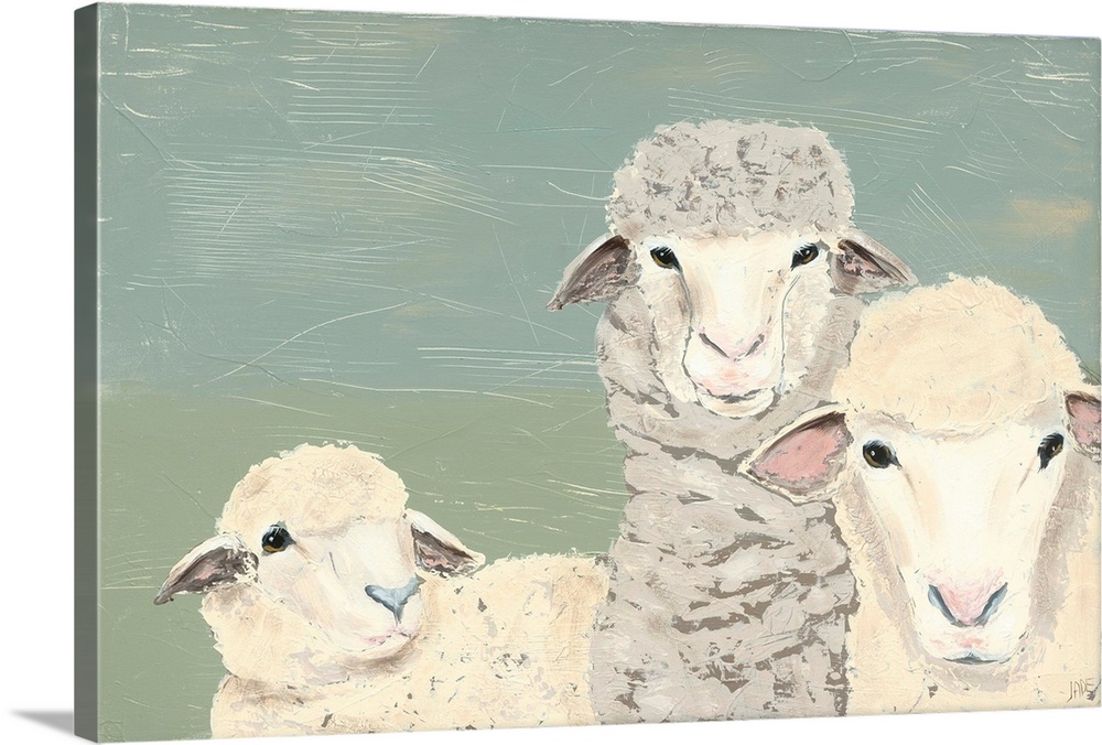 Three poised sheep over a blue and green textured background stare at the viewer in this contemporary artwork.