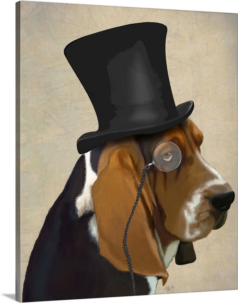 A sharp-dressed basset hound wearing a monocle and top hat.