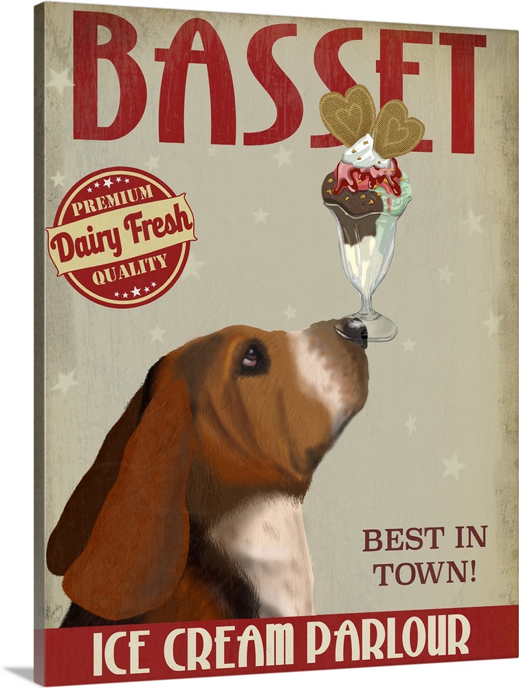 Decorative artwork of a Basset Hound balancing an ice cream sundae on its nose in an advertisement for an ice cream parlour.