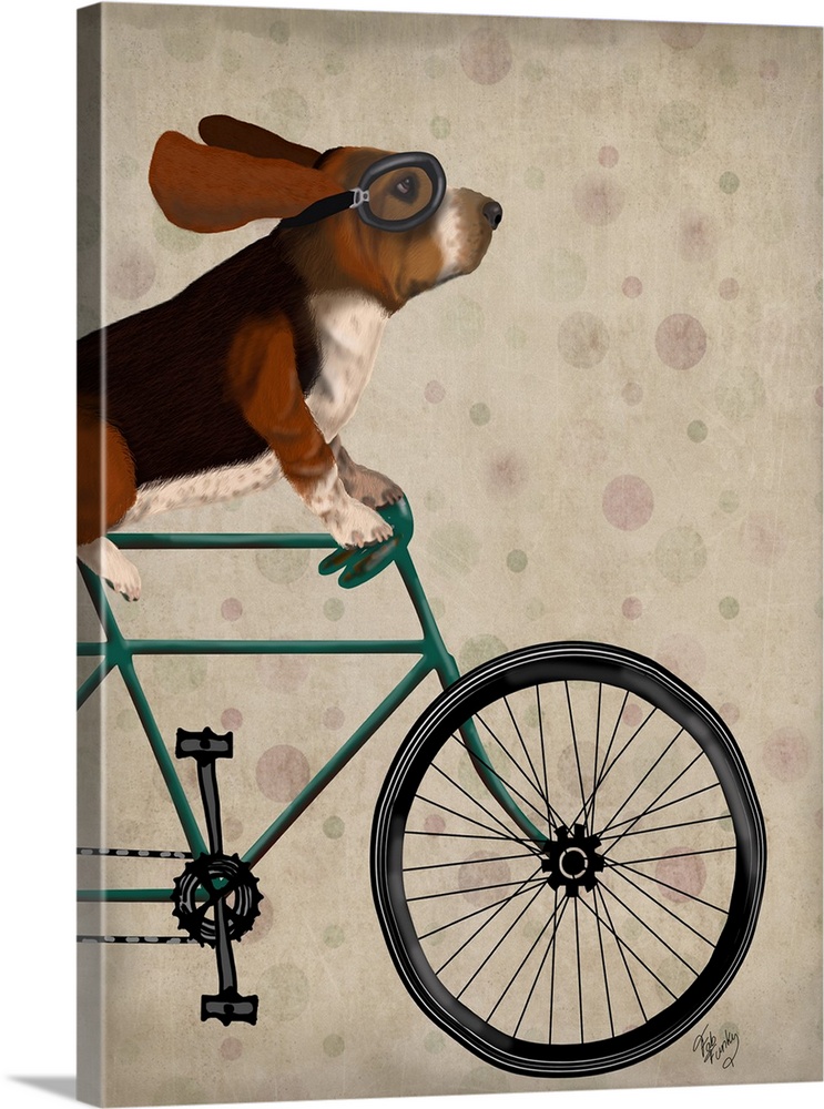 Decorative artwork of a Basset Hound riding on a bicycle wearing goggles, on a light polka dotted background.
